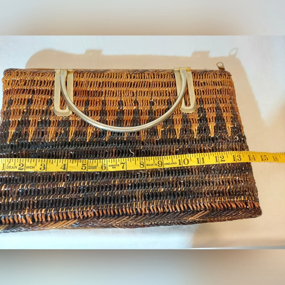 Brown Wicker Woven Tote With Gold Handles - Picture 6 of 9